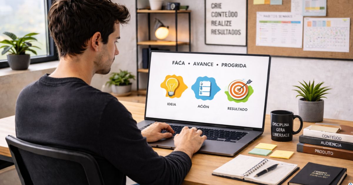 Criador trabalhando com foco e clareza, ambiente organizado e sensa��o de progresso cont�nuo