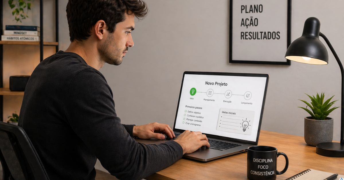 Pessoa iniciando projeto digital no notebook com express�o de foco, representando o primeiro dia no marketing digital com organiza��o e clareza