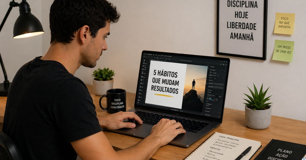 Pessoa criando primeiro conte�do digital com concentra��o, ambiente de trabalho simples