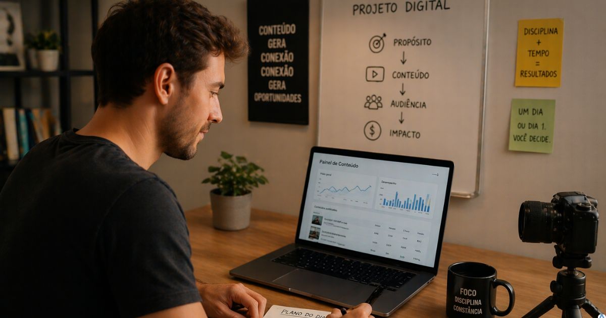 Criador trabalhando com clareza e sensa��o de progresso ap�s iniciar projeto digital