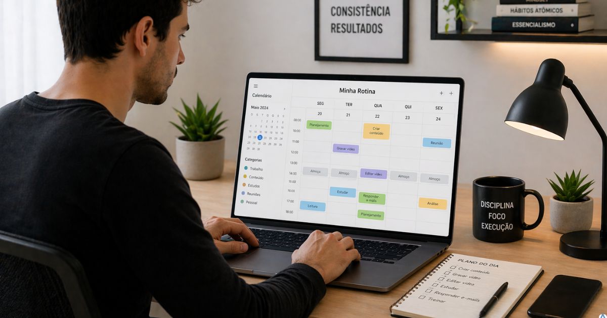 Pessoa organizando rotina m�nima de produ��o de conte�do no notebook com calend�rio simples, ambiente moderno e foco em consist�ncia