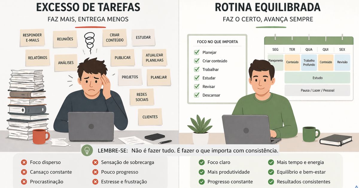 Ilustra��o comparando excesso de tarefas com rotina equilibrada, estilo minimalista educativo