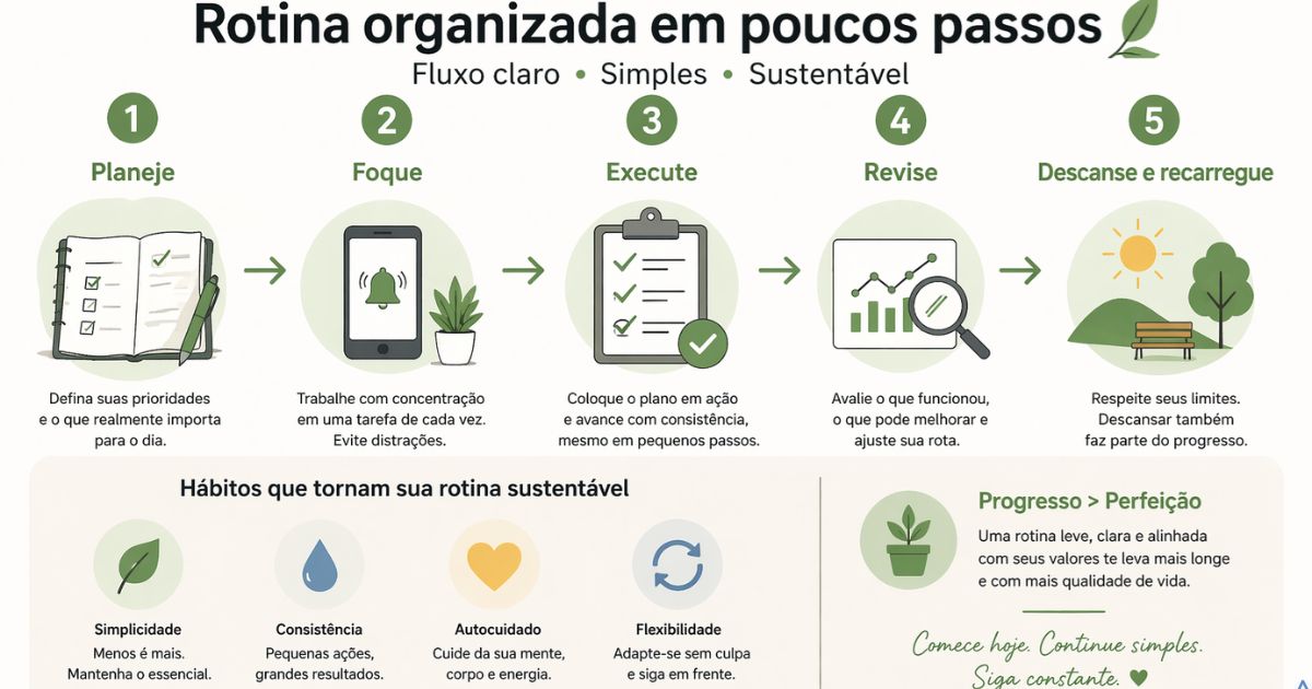 Representa��o visual de rotina organizada em poucos passos, fluxo claro e sustent�vel
