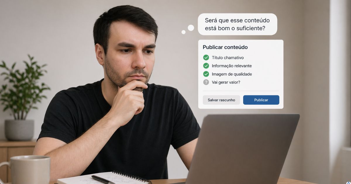 Pessoa hesitando antes de publicar seu primeiro conte�do no computador, express�o de d�vida, ambiente simples e foco em in�cio no digital