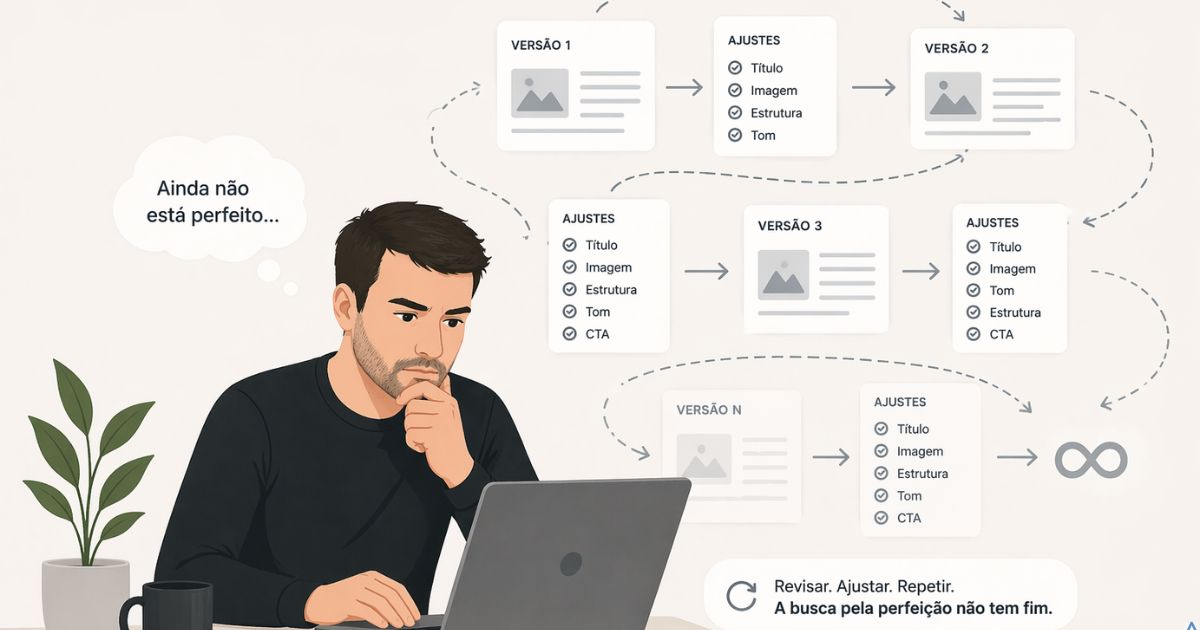 Ilustra��o representando perfeccionismo com v�rios ajustes e revis�es infinitas, estilo minimalista