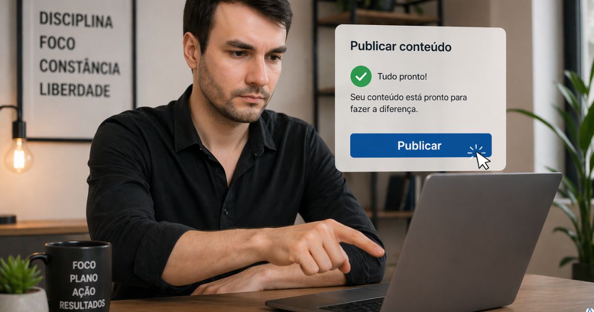 Pessoa clicando em bot�o de publicar com decis�o e foco, ambiente moderno