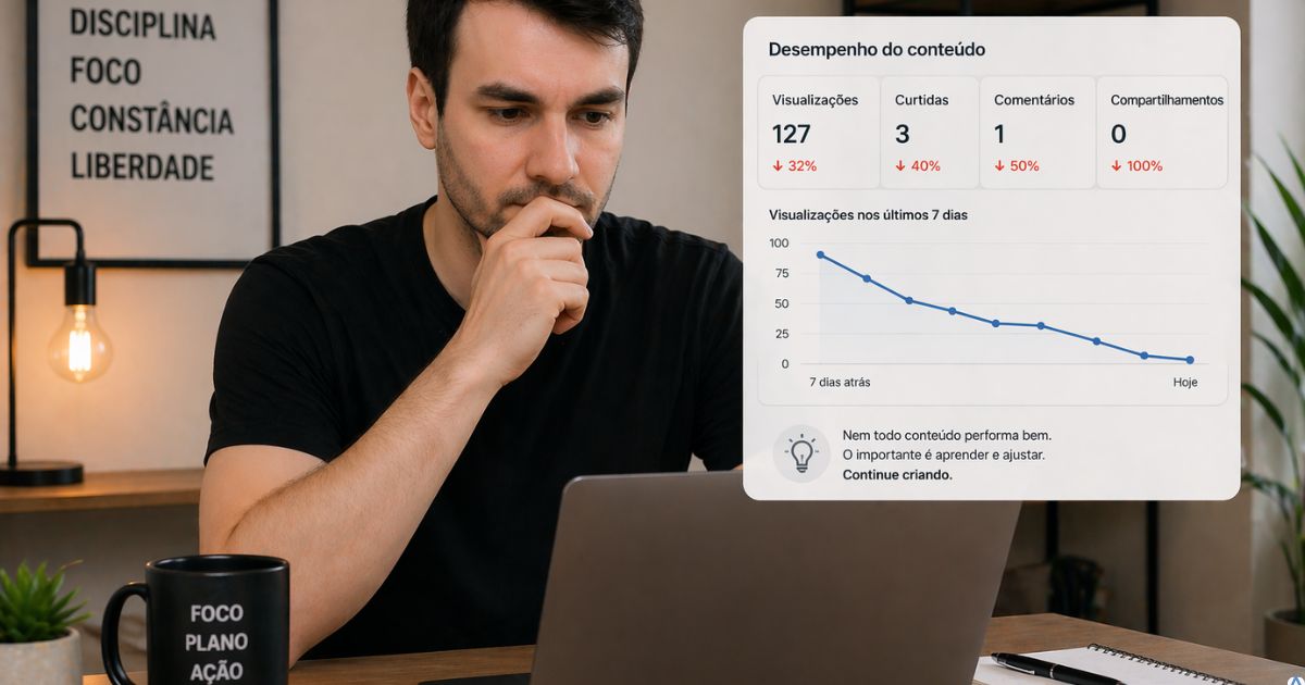 Pessoa analisando m�tricas baixas no notebook com express�o reflexiva, ambiente moderno e minimalista, representando d�vida sobre progresso no digital