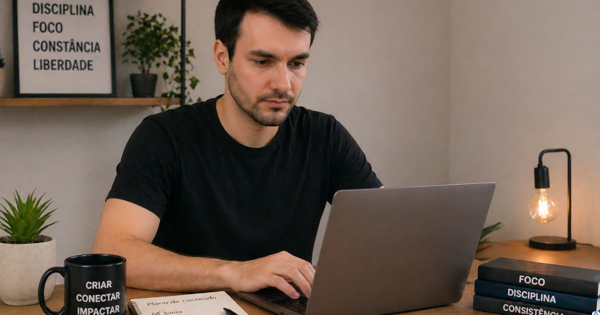 Pessoa iniciando produ��o de conte�do no notebook com express�o de foco, ambiente simples e organizado, representando in�cio no digital