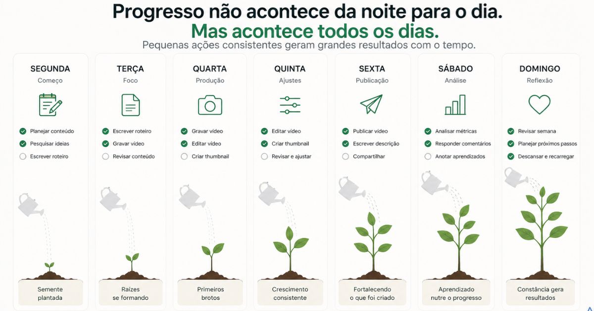 Representa��o visual de progresso ao longo de uma semana, crescimento gradual e cont�nuo
