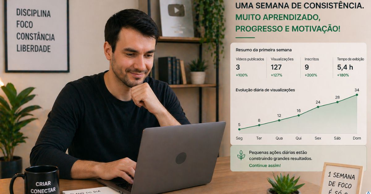 Criador trabalhando com mais confian�a ap�s primeira semana, ambiente organizado e sensa��o de progresso