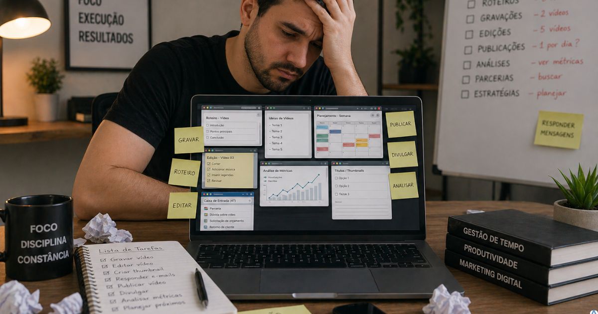 Pessoa sobrecarregada com v�rias tarefas abertas no notebook, express�o de cansa�o, representando excesso de trabalho sem estrat�gia no marketing digital