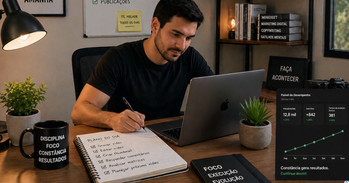 Criador trabalhando com foco e clareza, ambiente organizado e sensa��o de produtividade real