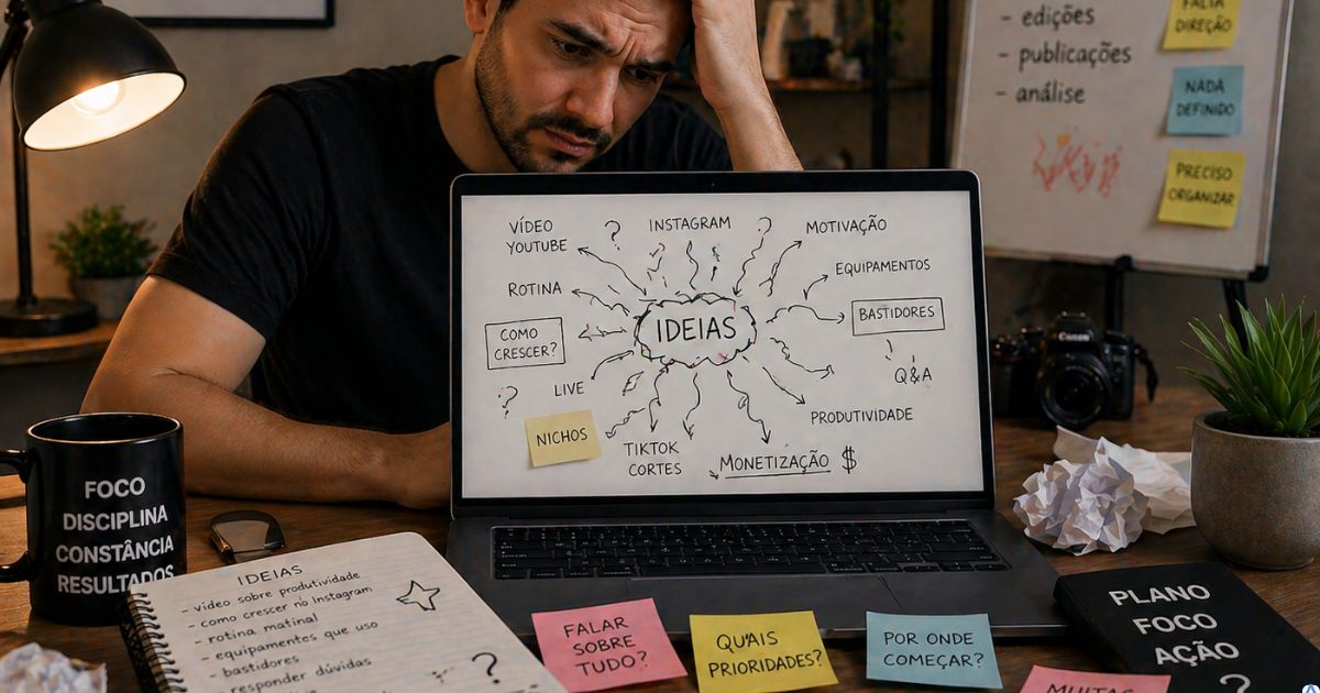 Pessoa com v�rias ideias anotadas de forma desorganizada no notebook, express�o de confus�o, representando falta de linha de conte�do e dire��o no digital