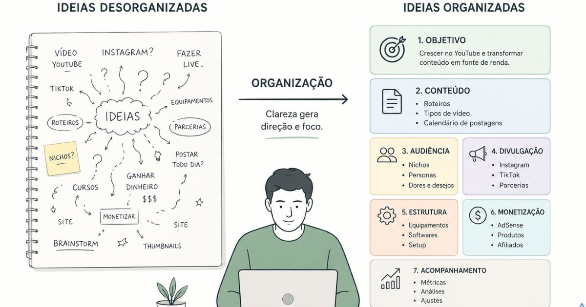 Ilustra��o mostrando organiza��o de ideias em blocos estruturados, estilo minimalista