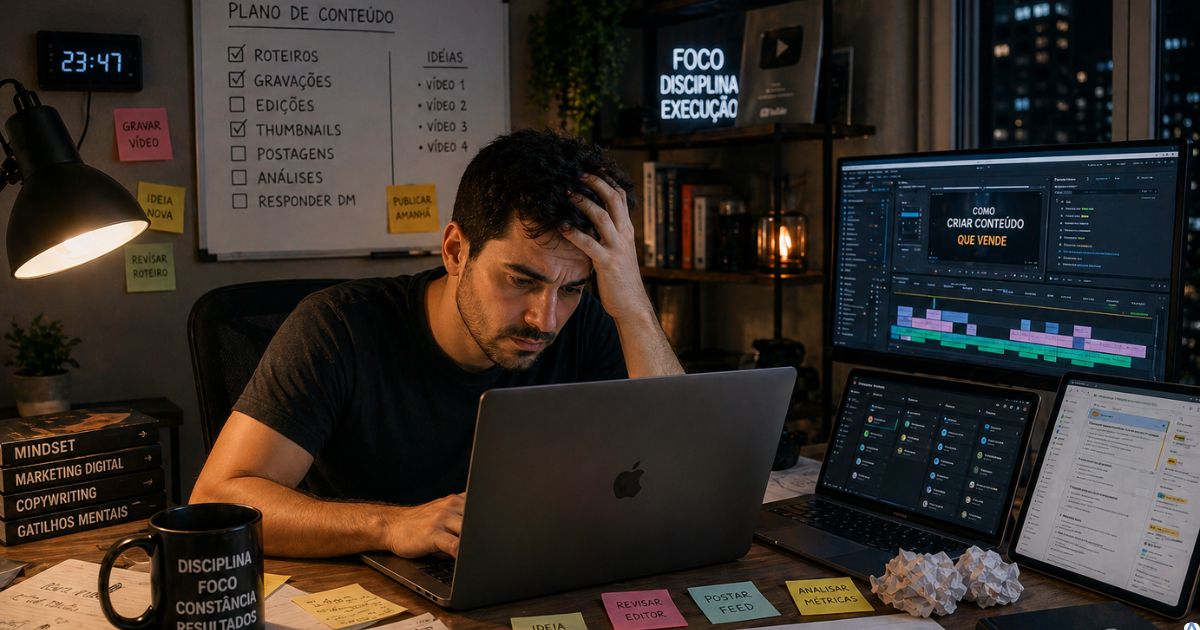 Pessoa trabalhando no computador com v�rias tarefas abertas e express�o cansada, representando excesso de trabalho sem progresso real no marketing digital