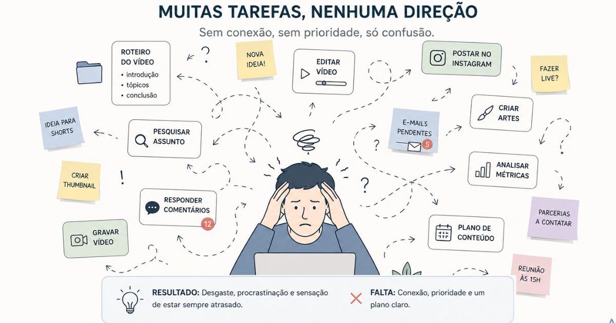 Ilustra��o representando muitas tarefas desconectadas e confus�o, estilo minimalista educativo
