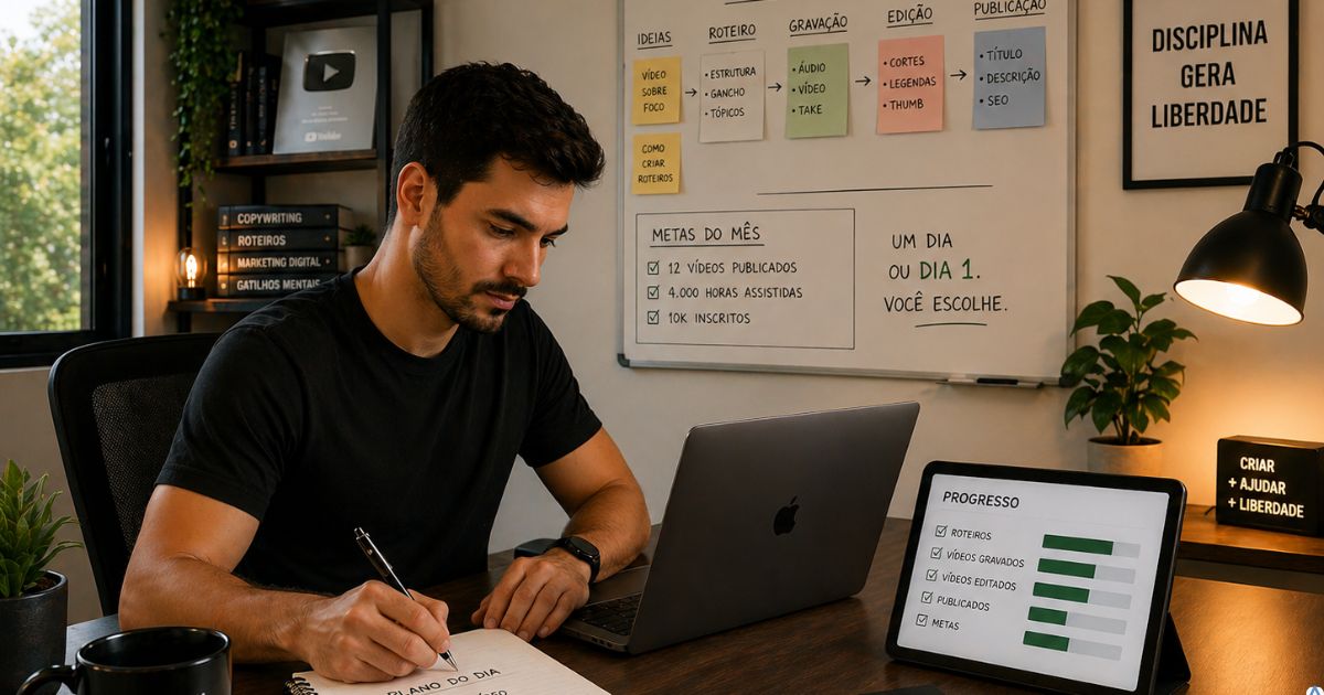 Criador trabalhando com foco e clareza, ambiente organizado e sensa��o de progresso real