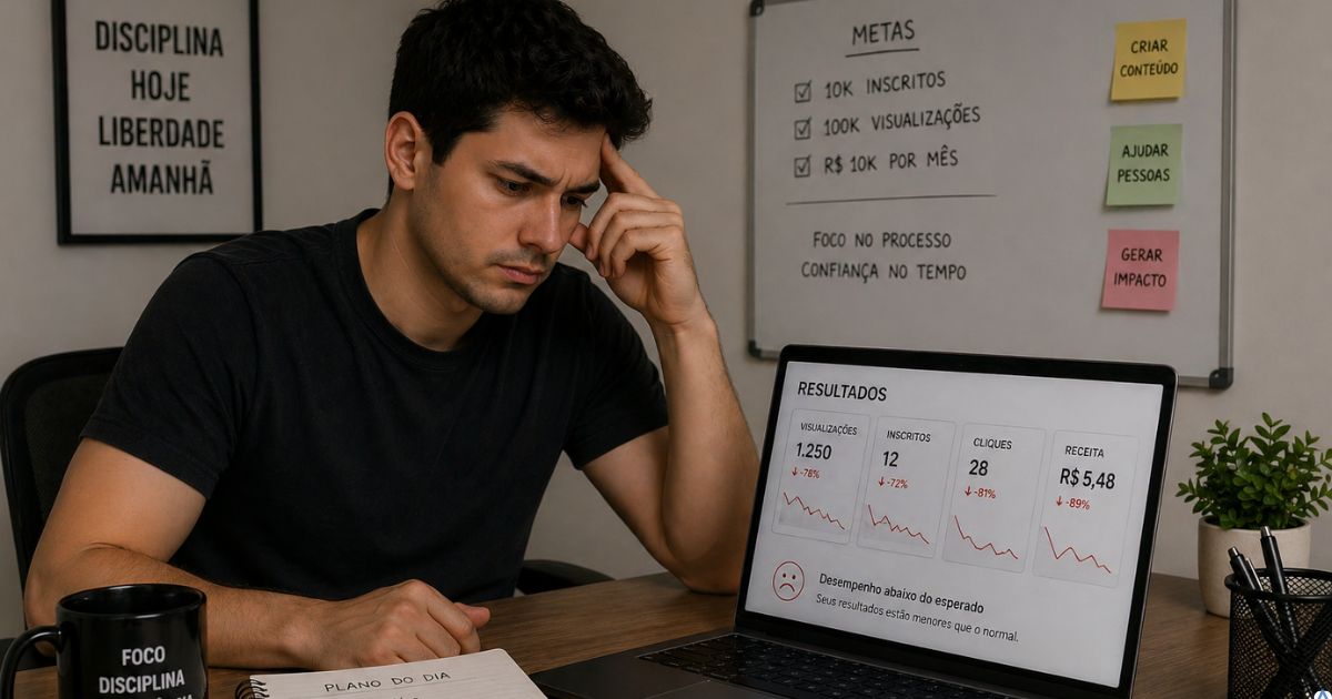 Pessoa olhando resultados baixos no computador após esforço, expressão de dúvida, representando frustração após 30 dias no marketing digital
