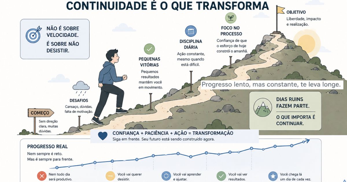 Representação visual de continuidade apesar de dificuldades, progresso lento mas constante