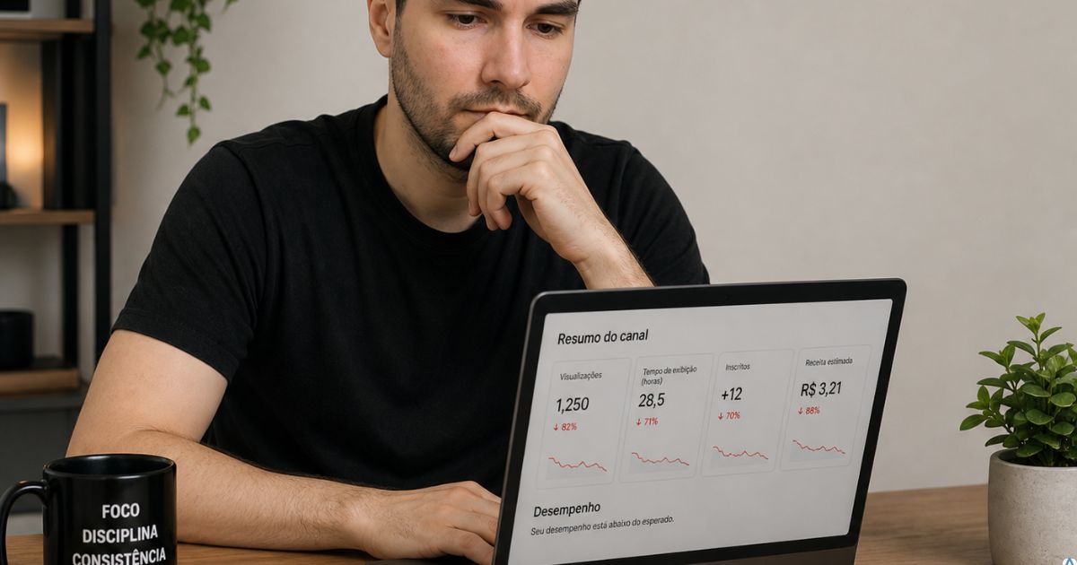 Pessoa olhando m�tricas baixas no notebook com express�o pensativa, representando an�lise de conte�do sem resultados vis�veis no marketing digital