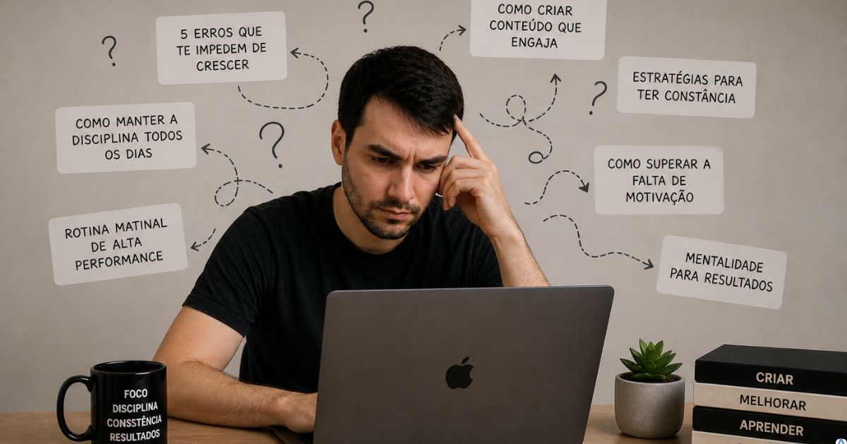 Pessoa analisando v�rias ideias de conte�do no notebook com express�o de d�vida, representando a dificuldade de iniciantes em organizar a produ��o de conte�do digital com estrat�gia