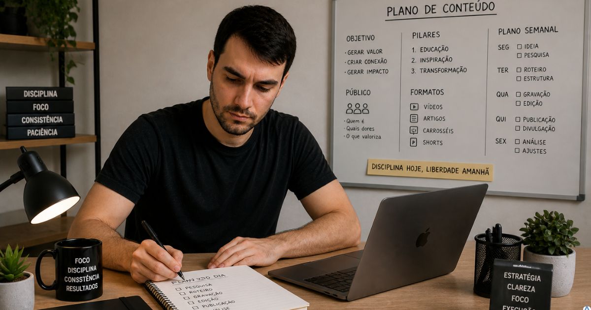 Criador trabalhando com planejamento organizado e clareza, sensa��o de controle e estrat�gia