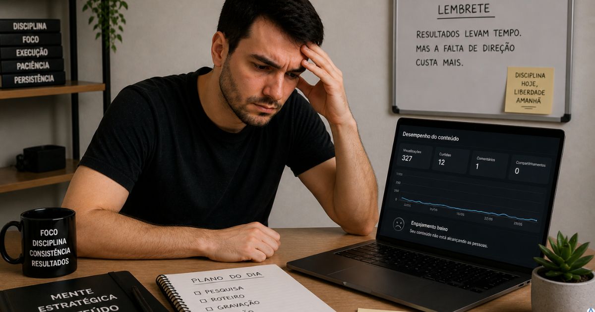 Pessoa analisando conte�do no notebook com express�o de frustra��o, representando a dificuldade de gerar engajamento mesmo criando conte�dos considerados bons