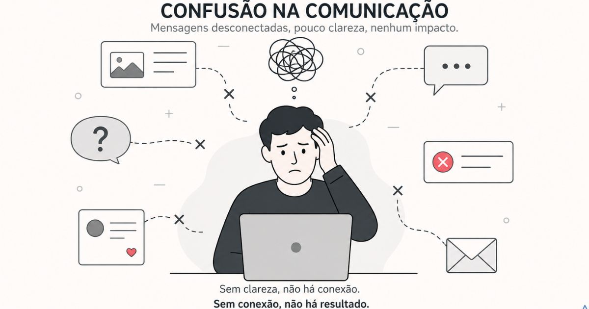 Ilustra��o mostrando confus�o na comunica��o com elementos desconectados, estilo minimalista