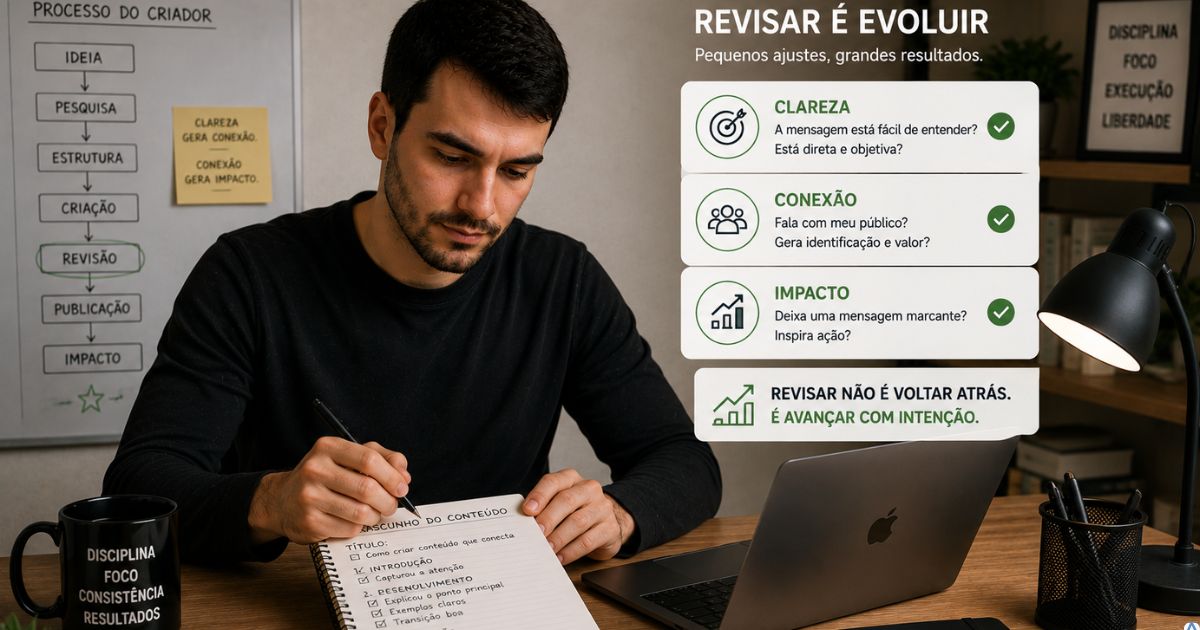Criador revisando conte�do com foco e clareza, sensa��o de melhoria e progresso
