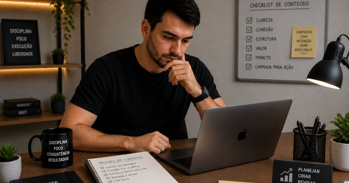 Pessoa revisando conte�do no notebook com express�o anal�tica em ambiente organizado, representando otimiza��o e melhoria estrat�gica de conte�do digital