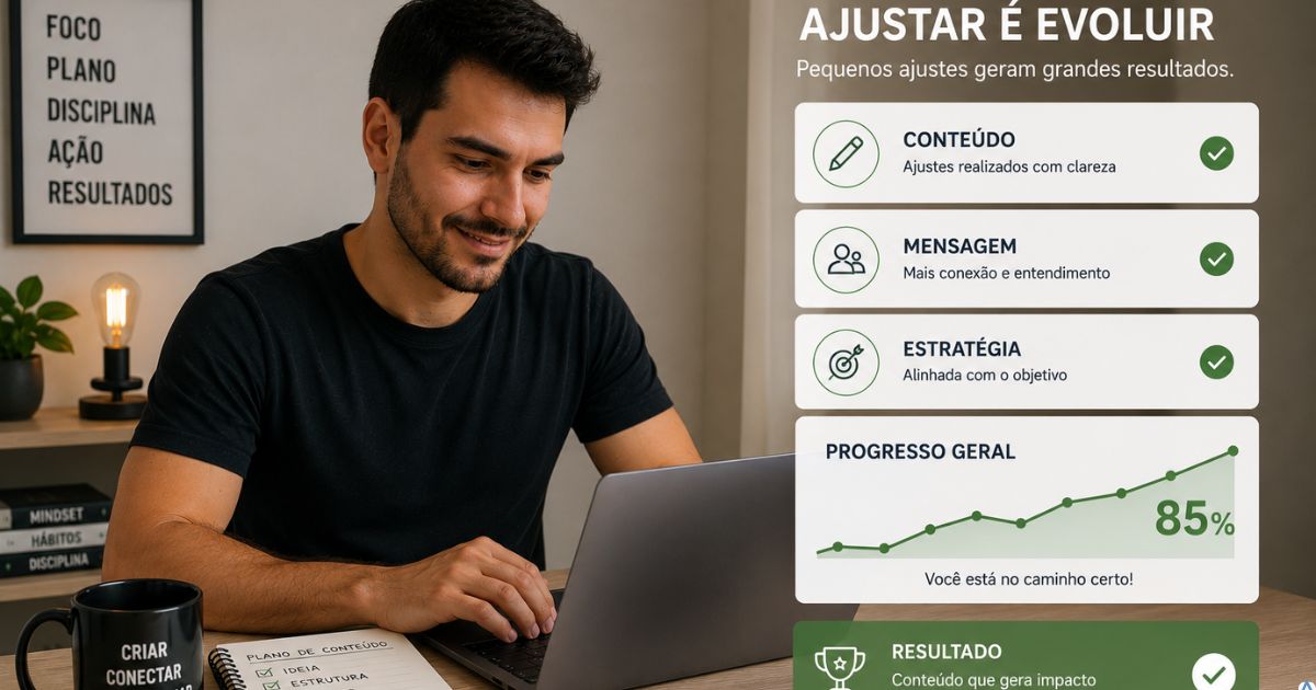 Criador satisfeito ajustando conte�do e vendo progresso, ambiente limpo e focado