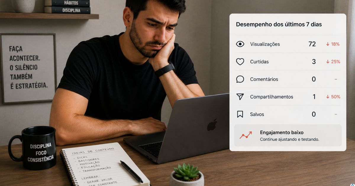 Pessoa olhando poucos resultados ap�s publicar conte�dos no notebook, representando a frustra��o comum de iniciantes antes do crescimento digital acontecer