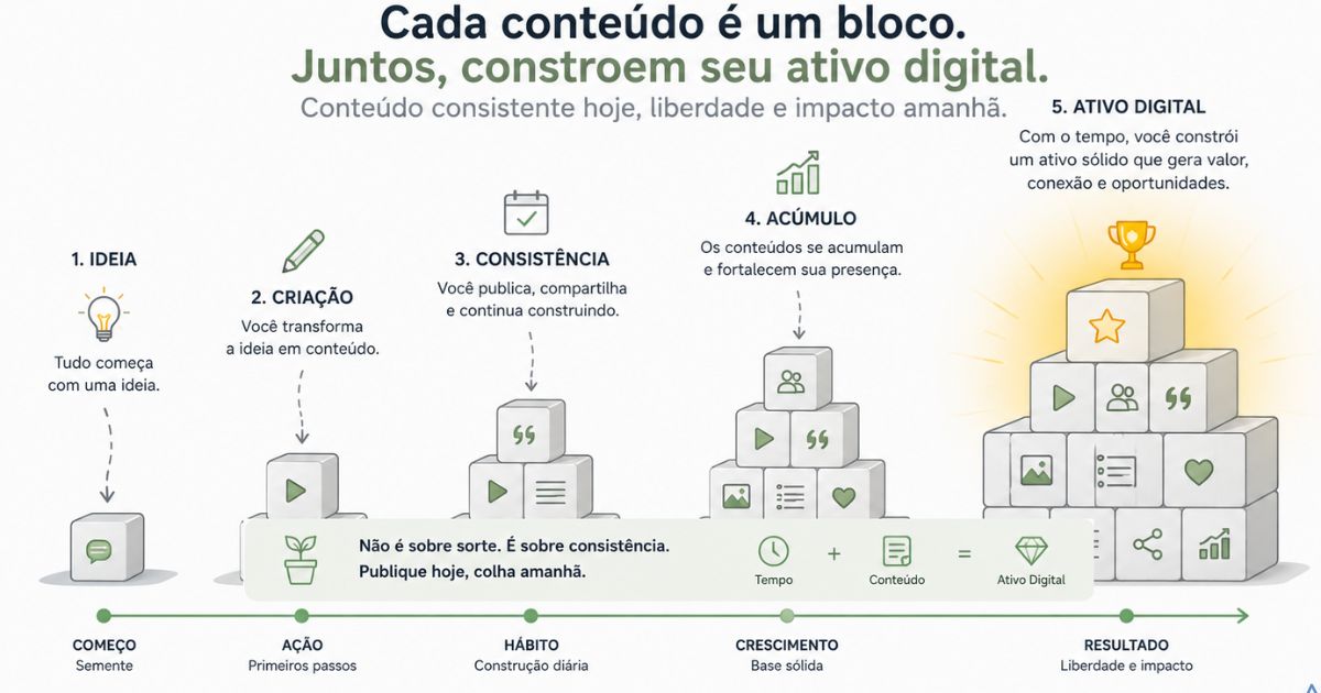 Representa��o visual de v�rios conte�dos se acumulando como constru��o gradual de ativo digital