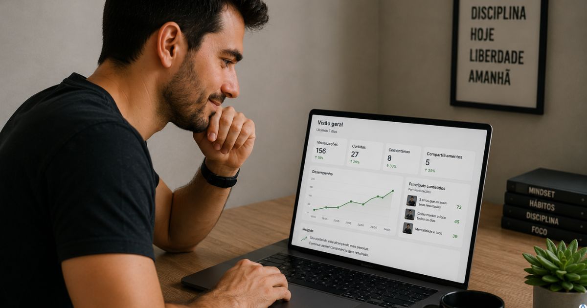 Criador analisando pequenos sinais positivos no computador durante crescimento de projeto digital, ambiente simples e realista