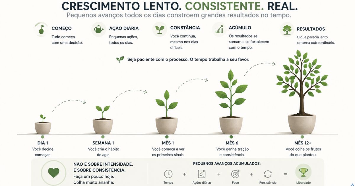 Representa��o visual de crescimento lento e consistente, pequenos avan�os acumulando