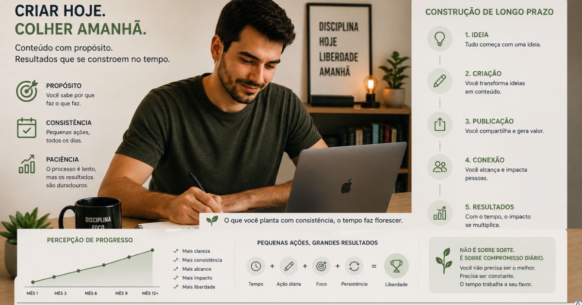 Criador trabalhando com calma e confian�a, percep��o de progresso e constru��o de longo prazo
