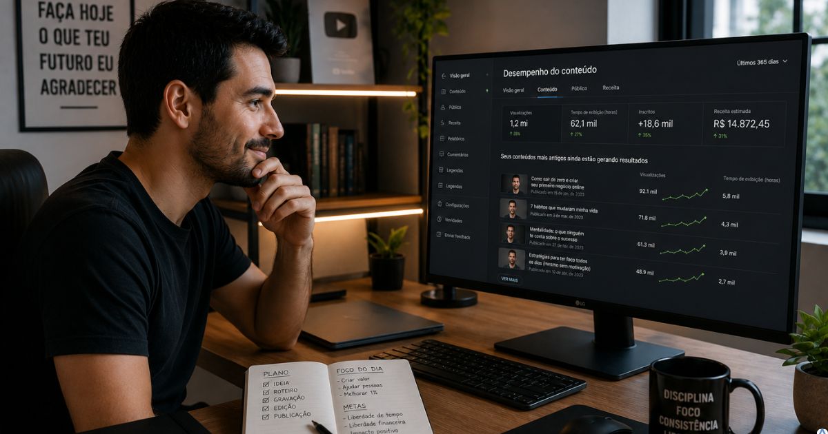 Criador observando conte�dos antigos ainda recebendo visitas e resultados no computador em ambiente moderno