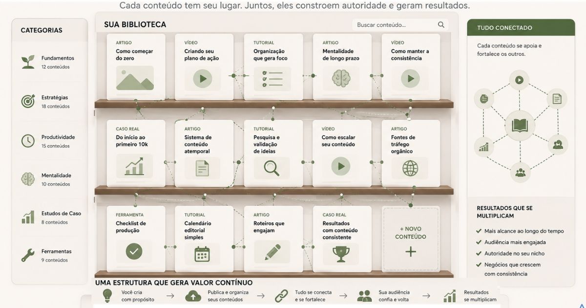Ilustra��o mostrando conte�dos organizados como biblioteca digital interligada