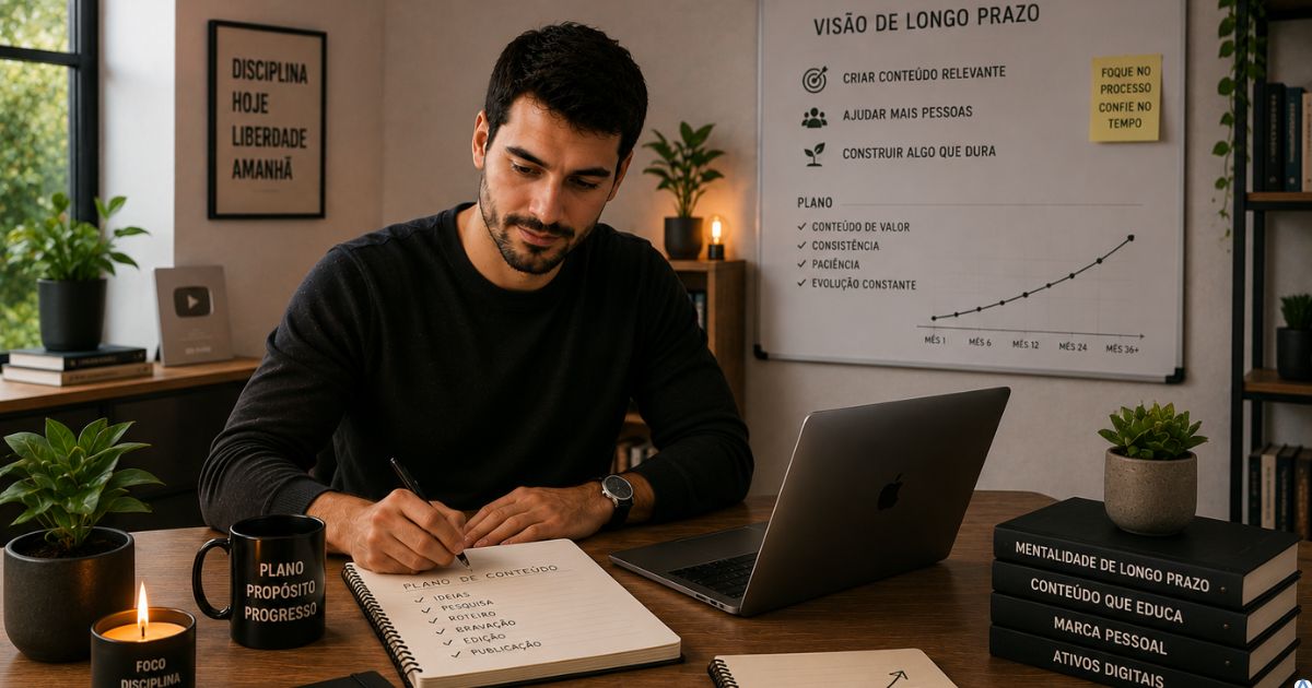 Criador trabalhando com vis�o de longo prazo, ambiente organizado e sensa��o de constru��o sustent�vel