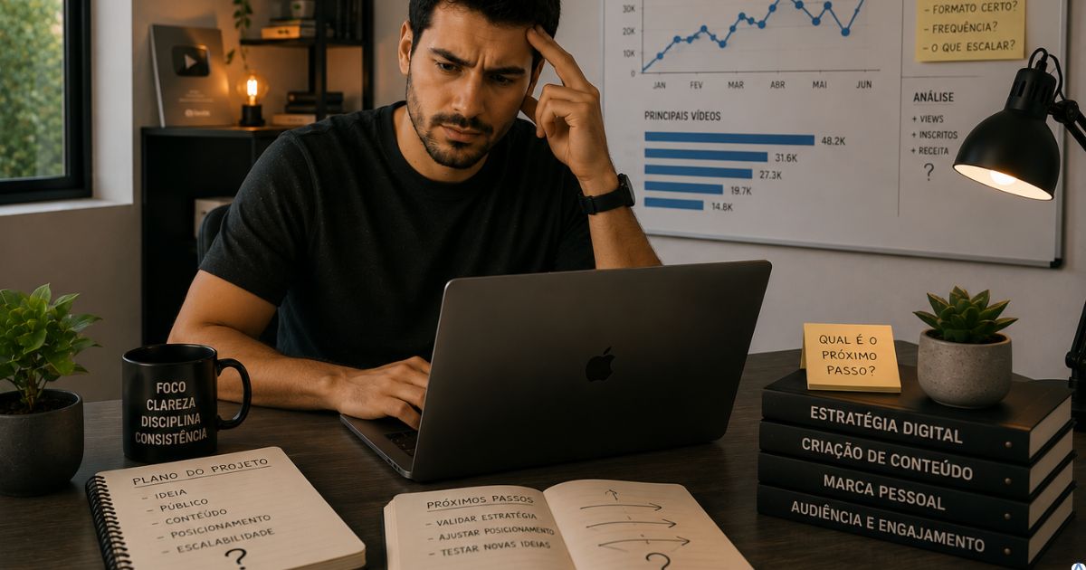 Pessoa olhando gr�ficos de visualiza��es no computador enquanto demonstra d�vida sobre dire��o estrat�gica do projeto digital