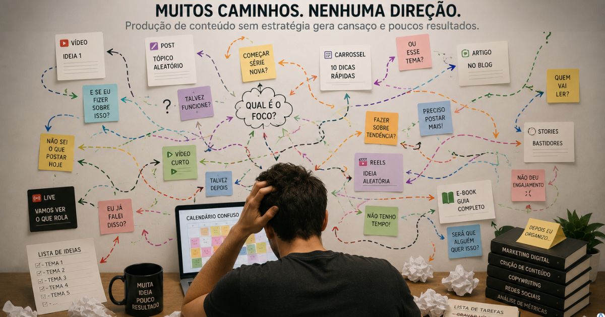 Ilustra��o mostrando v�rios caminhos desconectados e produ��o de conte�do ca�tica