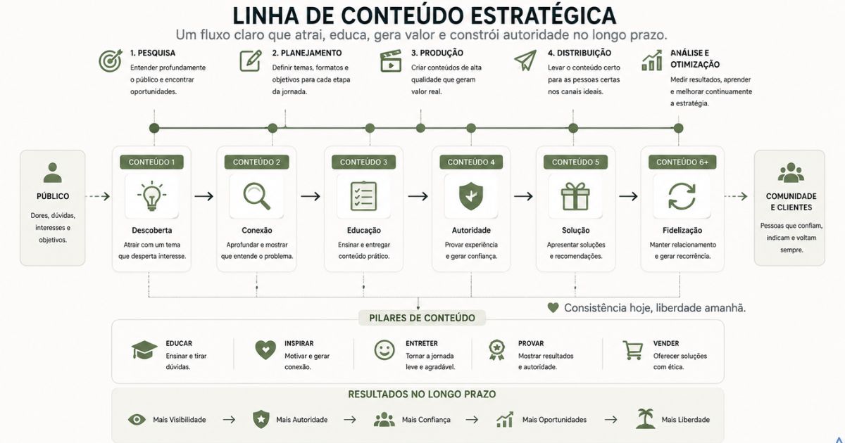 Representa��o visual de linha de conte�do organizada e estrat�gica, fluxo claro