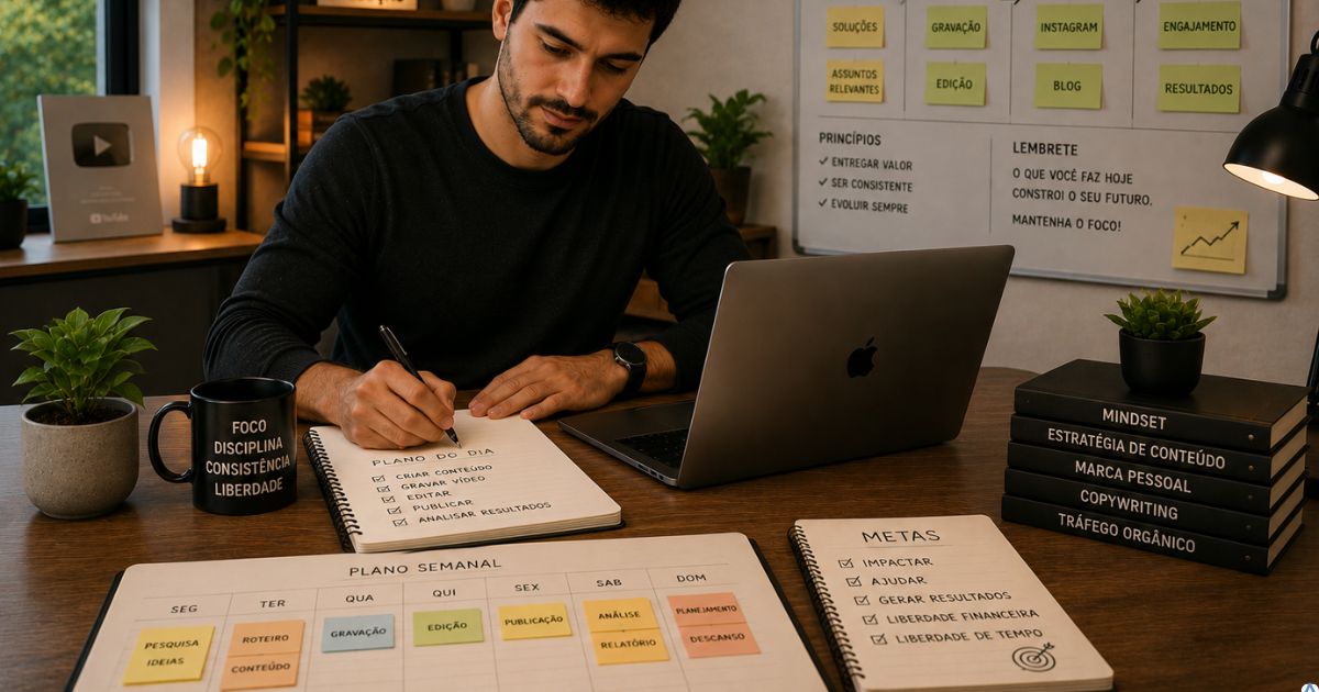 Criador trabalhando com foco e planejamento consistente, ambiente organizado e tranquilo