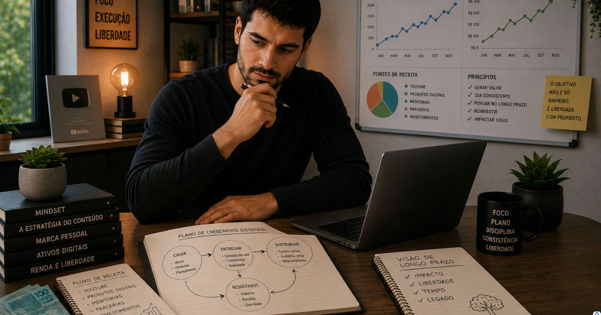 Criador de conte�do olhando gr�ficos e dinheiro enquanto reflete sobre monetiza��o sustent�vel e crescimento de projeto digital