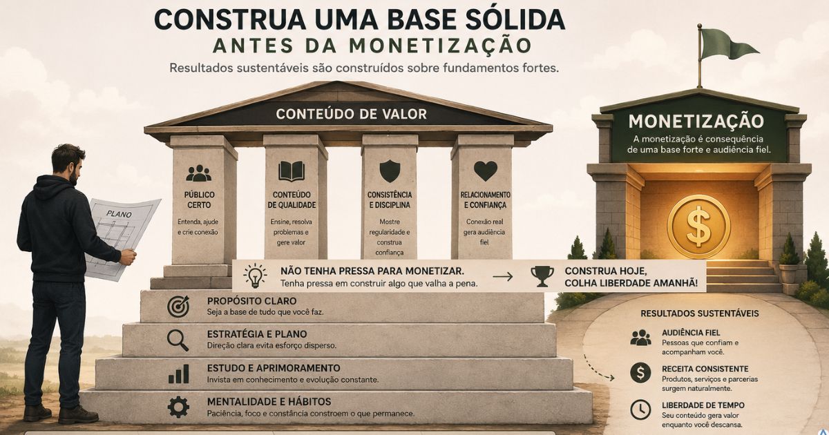 Ilustra��o mostrando constru��o de base s�lida antes de monetiza��o digital