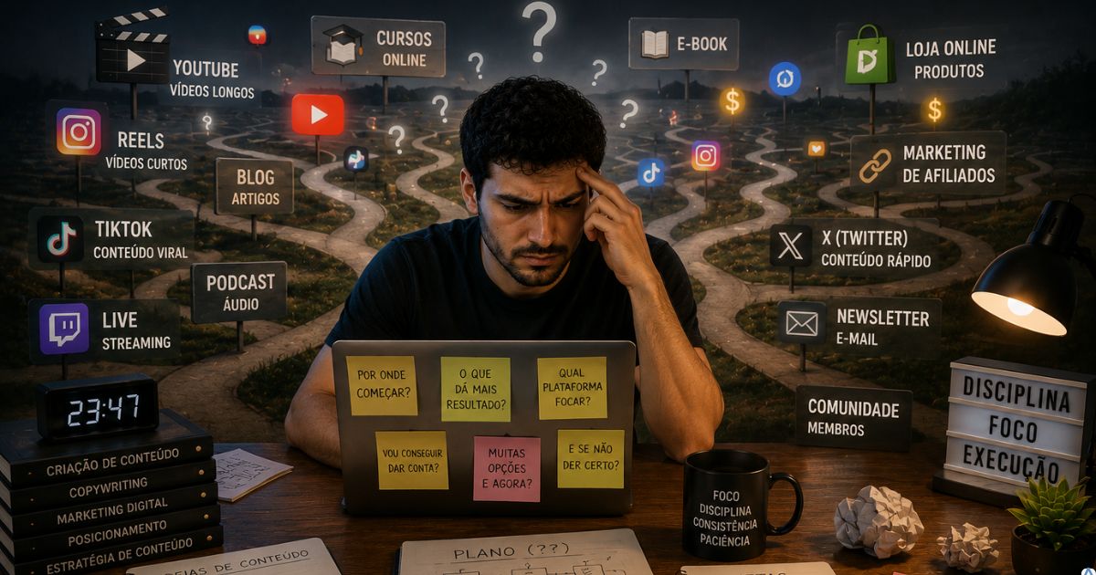 Pessoa dividida entre v�rios caminhos digitais diferentes enquanto tenta decidir entre testar oportunidades ou construir um projeto digital sustent�vel