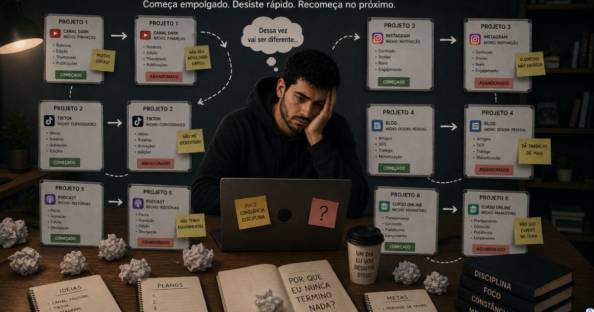 Ilustra��o mostrando criador come�ando v�rios projetos e abandonando rapidamente