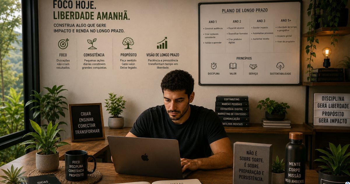 Criador trabalhando com foco e vis�o de longo prazo, ambiente organizado e sustent�vel