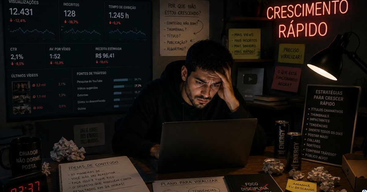 Criador de conteúdo cansado olhando métricas no computador enquanto busca crescimento rápido no marketing digital