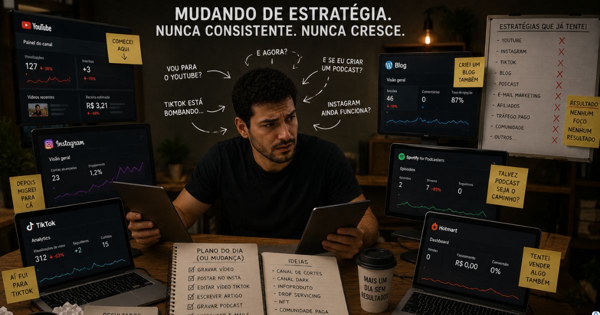 Pessoa mudando constantemente entre várias estratégias digitais e plataformas diferentes